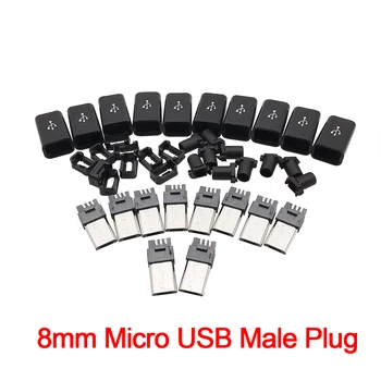 10 Adet mikro USB Konektörü 8mm Mikro USB 5PİN Kaynak Tipi Erkek Tak 4 in 1 USB Kuyruk DIY şarj soketi Adaptörü Plastik Kapak