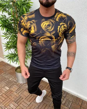 2020 Marka Erkek Giyim Moda Degrade Çiçekler Baskı slim fit uzun kollu erkek gömlek T Shirt Yaz O-boyun Spor kısa kollu tişört Adam İçin