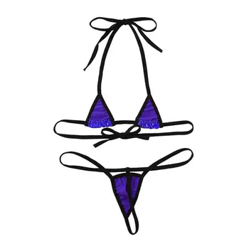 Bayan Süper Mini Erotik Bikini Seti Parlak Metalik Sutyen Üst G-String Tanga Lenceria Iç Çamaşırı Parlak Metalik Mikro Mayo