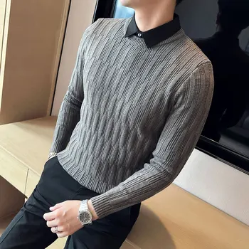Fake-2Pieces Kış Kalın Sıcak Örme Kazak Erkek Giyim 2022 Slim Fit Casual İş resmi giysi Jakarlı Çekme Homme 4XL-M