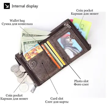 GENODERN Retro Inek Derisi deri cüzdan ile Adam için Çift Fermuarlı Para Cebi Kısa Erkek Çanta RFID Engelleme Küçük Erkek Cüzdan