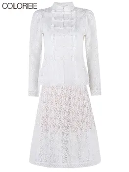 Güz Vintage Beyaz Dantel Kıyafetler Kadınlar 2022 Zarif Uzun Kollu Üst ve Uzun Etek İki Parçalı Setleri Kadın