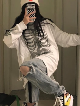 HOUZHOU Goth Grunge Kafatası Baskı Kadın Tişörtü Boy Siyah Crewneck Uzun Kollu Gotik Hoodies Güz 2021 Streetwear Tops