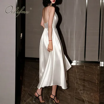 Kadın Beyaz Saten Parti Elbise Spagetti Askısı Seksi Backless Maxi İpek Kayma Elbise 2022 Yaz XXXL Ordifree