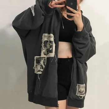 Kadın sokak kahverengi graffiti baskı zip vintage tops hoodie tişörtü hoodies kawaii Bluz grunge y2k mont Sonbahar ceketler