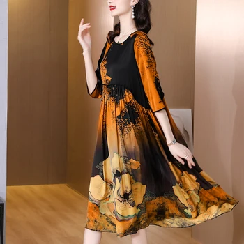 Kadınlar Çiçek Doğal İpek Midi Elbise İlkbahar Yaz Zarif Gevşek Bel Artı Boyutu Elbise 2022 Kore Vintage Hepburn rahat elbise