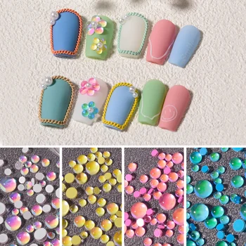 Karışık Boyutu Şeker Renkler Mermaid Yuvarlak Cam kristal boncuklar AB 3D Nail Art Rhinestones DIY Flatback Akrilik Taşlar Süslemeleri