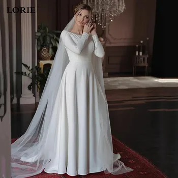 LORIE Prenses Gelinlik Saten Uzun Kollu Düğmeler Düğün Gelin Elbiseler Müslüman gelinlik Kapalı Geri Vestido de novia