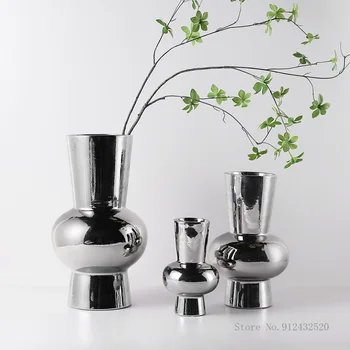 Modern basit gümüş galvanik seramik vazo ev iç dekorasyon süsler oturma odası pot şeklinde model vazo