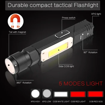 Parlak LED el feneri 90 Derece Büküm Döner Klip Su Geçirmez Mıknatıs USB şarj Edilebilir Aydınlatma LED el feneri Açık