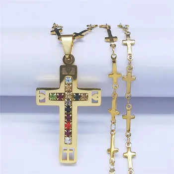 Paslanmaz Çelik Kristal Altın Renk Katolik Çapraz İsa Zincir Kolye Kadınlar / Erkekler Din Kolye Takı bijoux N4412S05