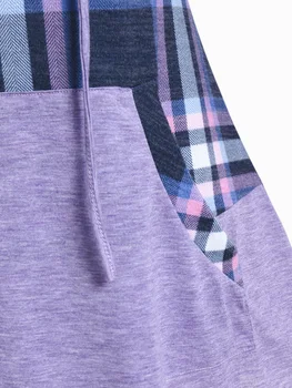ROSEGAL Ekose Ön Cep Mock Düğme Kazak Hoodies Kadın Sonbahar Uzun Kollu Streetwear Tunik Bluzlar Üst Rahat Kazak