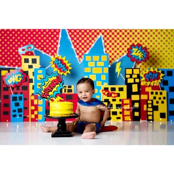 Süper kahraman Bebek Doğum Günü Zemin Fotoğrafçılık için Süper Kahraman Fotoğraf Arka Plan Çocuk Kek Smash Doğum Günü Photocall Supercity