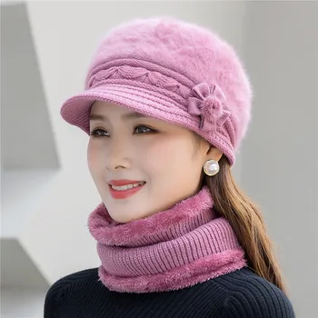 Sıcak Kadınlar Kış Şapka Sıcak Tutmak Kap Eklemek Kürk Astarlı Şapka Ve Eşarp Seti Sıcak Şapka Kadın Rahat Tavşan Kürk Kış Örme Şapka