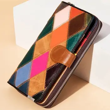 Sıcak Moda Patchwork Kadın Çanta Kredi Kartı uzun cüzdan Uzun Çanta Hakiki Deri Telefon Cüzdan Renkli Bileklik Çantalar Bayan