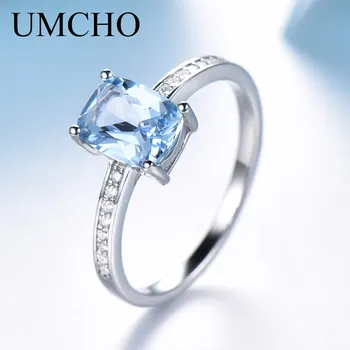UMCHO Dikdörtgen Oluşturulan Sky Blue Topaz Yüzük Gerçek 925 Ayar Gümüş Takı Renkli Taş Yüzük Kadınlar Için Hediye Güzel Takı