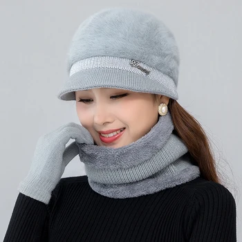Yeni Yüksek Kaliteli Tavşan Kürk Kış Şapka Kadınlar İçin Kasketleri Örme Kaşmir Şapka kız Katı Kaput Femme kışlık şapkalar