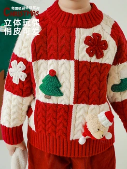 Çocuk giyim kış kız moda renk kontrast kazak ekose Noel kazak
