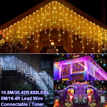 10.8 M 8 modları noel LED saçağı ışıkları + 5 M kurşun tel su geçirmez açık zamanlayıcı çelenk dize lambası veranda yeni yıl dekorasyon