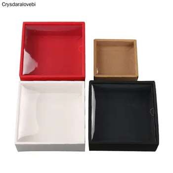 10 adet Beyaz Kraft Kağıt Hediye Kutusu Şeffaf PVC Pencere İle Siyah Kek Kutuları Kırmızı Düğün Çerez Şeker Ambalaj Kutuları