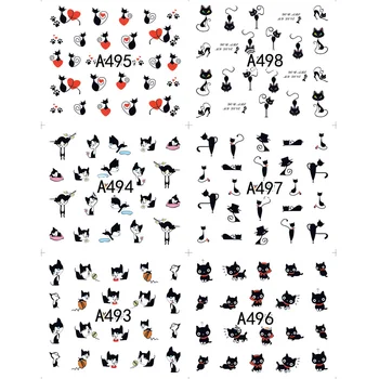12 adet Siyah Kedi Çıkartmalar Tırnak Çıkartmaları Aşk Kalp Karikatür Tırnak Sanat Su Kaydırıcılar Dövme Süslemeleri Sevgililer Manikür TRA493-504