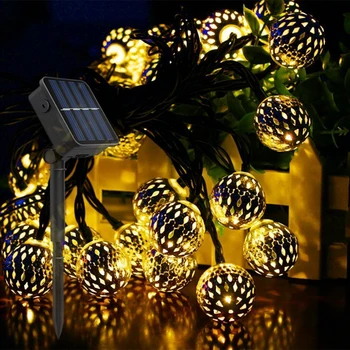 20/50 / 100LEDs Peri Fas İçi Boş Metal Top LED Dize İşıklar Güneş Enerjili Noel Çelenk ışıkları Tatil Partisi İçin