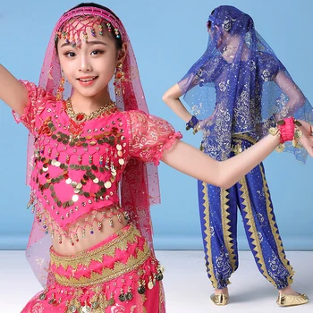 2019 Festivali Performans Kızlar Hint kıyafetler elbiseler Çocuk Bollywood dans kostümü Seti 5 adet (Üst Kemer Pantolon Sari Bandı)