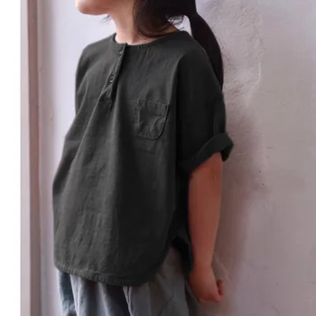 2020 Yaz Koreli çocuk giyim Yeni Erkek ve Kız Ön Toka Kısa Kollu rahat bol tişört