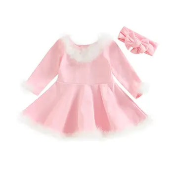 2022-09-12 Lioraitiin 0-5Years Toddler Kız Sonbahar Rahat evaze elbise Pembe Uzun Kollu Tüy Patchwork Elbise Kafa Bandı ile