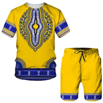 2022 Erkekler Setleri 3D Baskı Afrika Giysi 2 Parçalı Set Tshirt + Şort Kıyafetler Vintage Serin Spor Büyük Boy Eşofman Streetwear