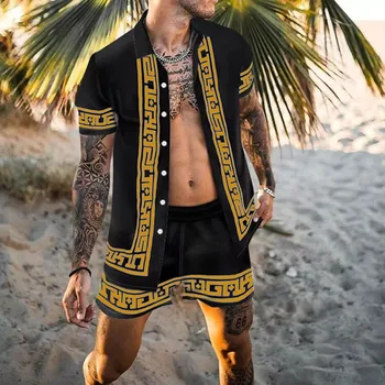 2022 Hawaiian Plaj Rahat erkek Giysileri Takım Elbise Büyük Boy Yaz T Gömlek Seti Hindistan Cevizi Ağacı Baskılı Turn-Aşağı Yaka Tee Üst Kıyafetler