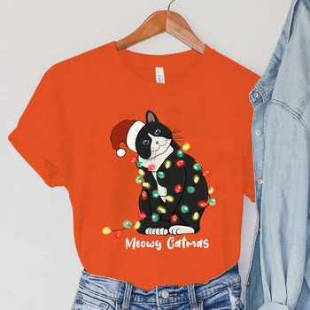 2022 Noel Kadın Üstleri O-Boyun Yavru Desen Baskı Tees Komik T-shirt Yaz Güzel Kedi Grafik Kadın Tişörtleri Yumuşak Üst
