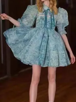 2022 Prenses Mavi Çiçek Baskı Organze Elbise Splice Bandaj Halat Kısa Puf Kollu Kadınlar Hollow Out Ön Yaka Mini Peri Elbise