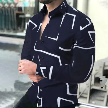 2022 Sonbahar erkek Slim Fit Geometrik Baskı Uzun Kollu Gömlek Moda Marka Parti Tatil Rahat Renkli Gömlek Homme Ropa Hombre
