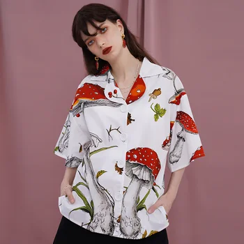 2022 Yaz Kadın Bitki Mantar El Boyalı Kısa Kollu Gömlek