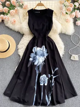 2022 Yaz Zarif Tank Askı Tasarım Siyah Parti Elbise kadın Kolsuz Yüksek Bel Çiçek Baskı bir çizgi elbise Vestido M78674