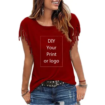 2022 Yeni Özelleştirilmiş Baskı T Shirt Kadınlar için DIY Gibi Fotoğraf veya Logo Üst Pamuk Püskül Kısa Kollu O-boyun Pamuk Tee
