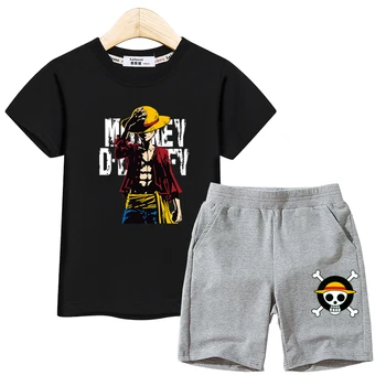 2023 Yaz Luffy Takım Elbise Genç Erkek Kısa Kollu Kostüm T-shirt Şort Çocuk Giyim 2 adet Kıyafet