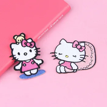 3 İnç Kawaii Sanriod Hello Kitty Kendinden Yapışkanlı Kız Nakış Kumaş Yama Boyutu Karikatür Moda Giyim Geri Tutkal Ütü