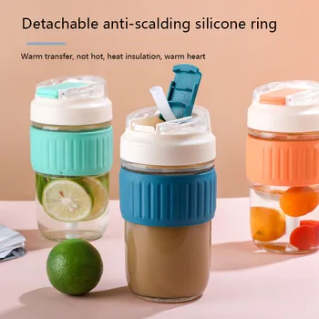 350ml / 500ml Seyahat kahve bardağı pipetli bardak Taşınabilir Gıda Sınıfı Silikon Kapaklı Cam Su Şişesi Kupa Yeniden Kullanılabilir ÇEVRE Dostu