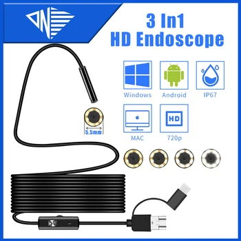 5.5 mm Uzak Odak Len 3 in 1 HD Endoskop 720 P Video Muayene Kamera IP67 Endüstriyel Tüp Mikro USB Tip-C Telefon Borescope 1-10 m