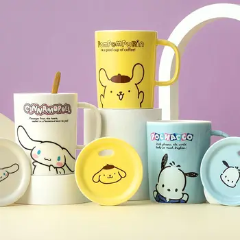5 Stilleri Kawaii Sanrioed Hakiki Anime Kuromi Benim Melodi Seramik kapaklı kupa ve Kaşık Su Bardağı Sevimli Kız ve Erkek Kahve Fincanı