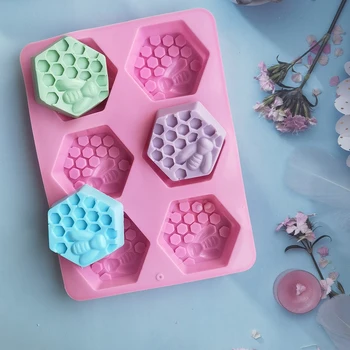 6 Kavite Silikon Sabun Kalıp Poligon Şekli Arı Ev Yapımı Kalıp DIY Kek Mum Jöle Şeker Çikolata Buz Küpü Tepsi Kalıpları