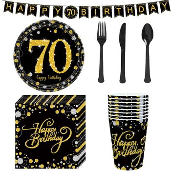 70th Doğum Günü Tek Kullanımlık Sofra Seti Siyah Altın Tabak Bardak Afiş Doku Yetişkin için 70 Yıl Doğum Günü Partisi Dekorasyon Malzemeleri