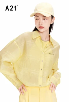 A21 Kadın İki parçalı Gömlek 2022 Yaz Yeni Moda Gevşek Uzun Kollu Zincir Dekorasyon Kaşkorse Bluzlar Giyilebilir Tek Başına Gömlek