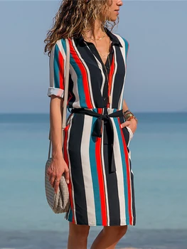 Aachoae Elbise 2021 Yaz Çizgili A-line Baskı Boho Plaj Elbiseleri Kadınlar Uzun Kollu Ofis Gömlek Elbise Mini Parti Elbise Vestidos
