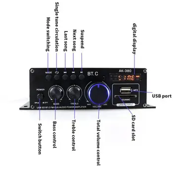 AK380 800W Ev araba amplifikatörleri 2 Kanal Bluetooth 5.0 Mini HİFİ Dijital Amplifikatör Ev Sineması Kulübü Parti