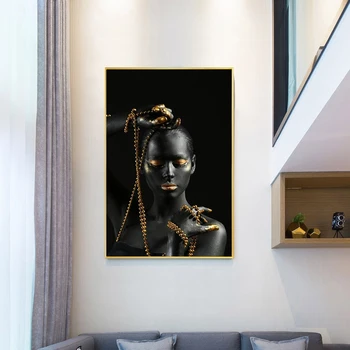 Altın Afrika kadın altın takı ile Tuval Boyama Posterler ve Baskılar Duvar sanat resmi Oturma Odası Ev Dekor için Cuadros