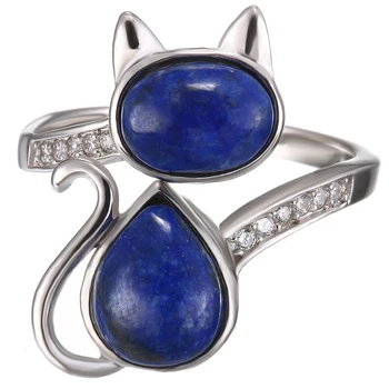 AMORUI Lapis Lazuli Doğal Taş Kadın Yüzük 925 Ayar Gümüş Sevimli / Romantik Kedi Zirkon Yüzük Parti / Düğün / Doğum Günü Takı