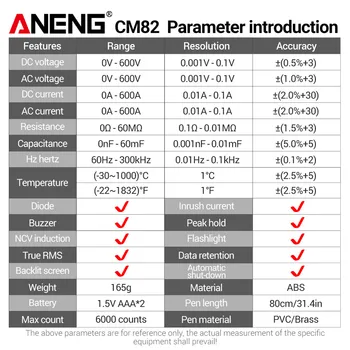 ANENG CM82 Dijital Kelepçe Metre DC / AC Akım Gerilim 6000 Sayımlar Multimetre Ampermetre Tester Araba Amp Hz Kapasite NCV Ohm Testi